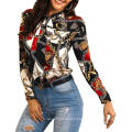 Bow Skinny Full Sleeve Single-breasted Patchwork Printed Women Blouses